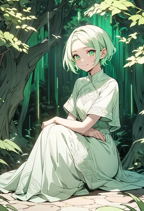 line art, iridescent white light effect, 2.5D, delicate and dynamic, pure palegreen world, cute white elf girl, captivating smile, forehead, white very short messy pixie cut, loose dress, thin flat body line, covered in tattoos, sitting, leaning against a ...