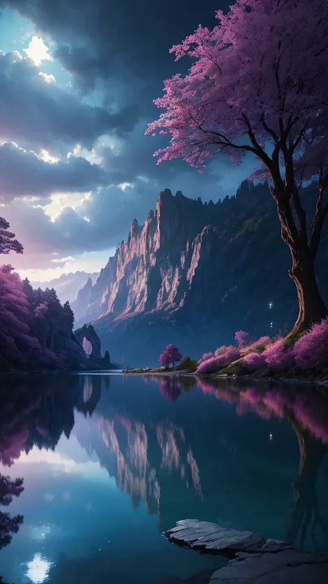 Photographs that capture the essence of a magical dream world. An epic cliff，Hanging over a beautiful lake, Surreal and vivid colors illuminate its reflection. The atmosphere is otherworldly, The soft night light casts a flowing shadow. The image creates a...