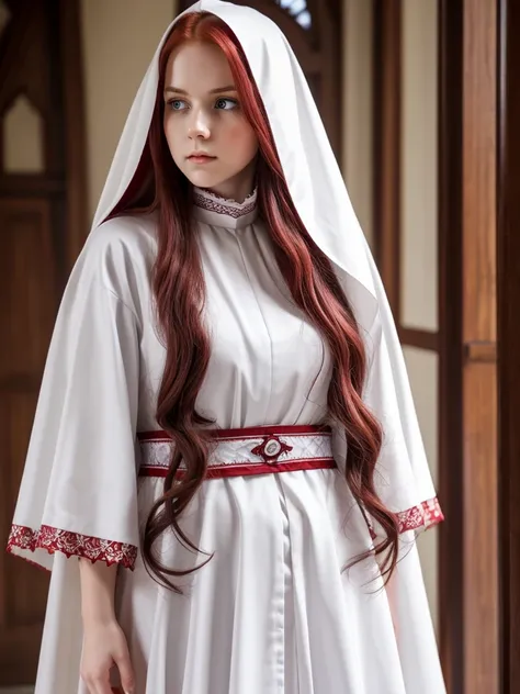 Young fragile woman-elf. Nun. Red long wavy hair. Pale skin. Grey eyes. She frowns a little. Plump lips. White cassock with red patterns. Triangular collar with lace.