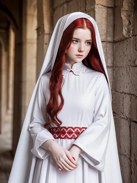 Young fragile woman-elf. Nun. Red long wavy hair. Pale skin. Grey eyes. She frowns a little. Plump lips. White cassock with red patterns. Triangular collar with lace.