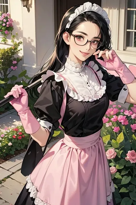 A mature maid with black hair and glasses wearing large pink rubber gloves and holding a broom, smiling gently, cleaning the garden of a mansion