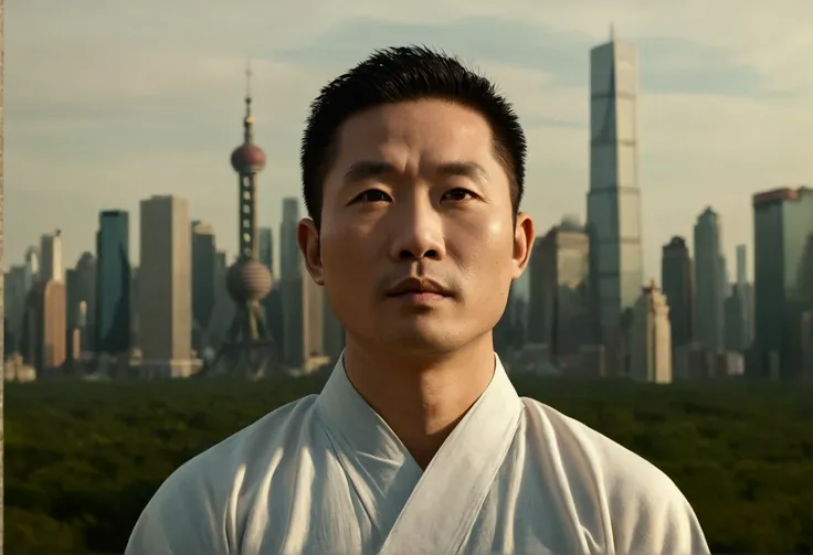 30 years old，Mature Chinese man, Meditation, In front of the beautiful skyline, forest, Related to God, Portrait Photos, directed by: Drew Tucker, directed by: Adam Marchinsky, directed by: Alexander Kucharsky, directed by: Gavin Nolan, 8K Hyperrealism, di...