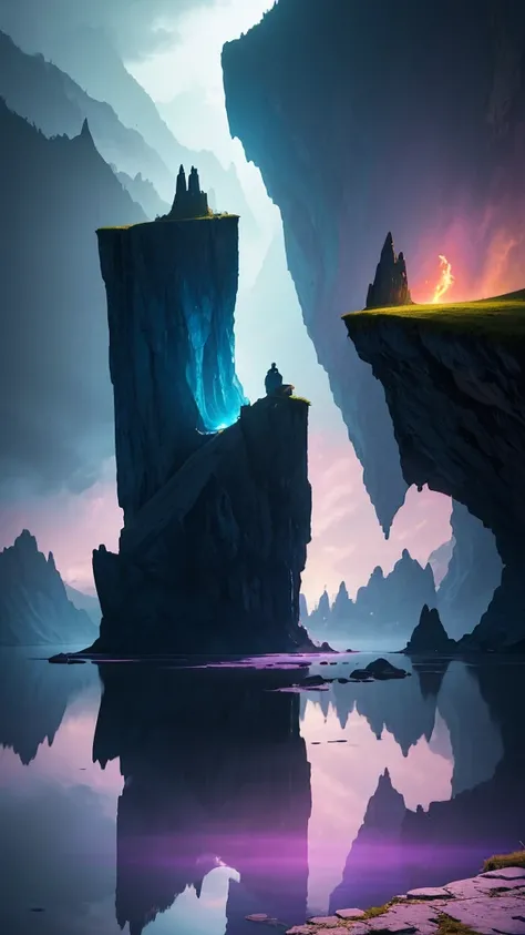 Photographs that capture the essence of a magical dream world. An epic cliff，Hanging over a beautiful lake, Surreal and vivid colors illuminate its reflection. The atmosphere is otherworldly, The soft night light casts a flowing shadow. The image creates a...