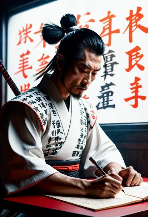 samurai writing in white retro cyberpunk design