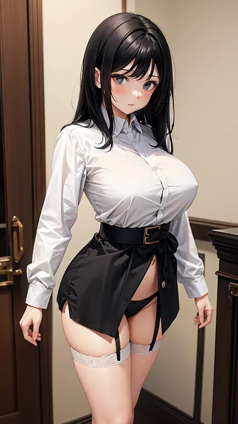 Adult woman with straight black hair and huge breasts，White open collar long sleeve shirt，underwear，Bare Legs，black garters，Standing，Room