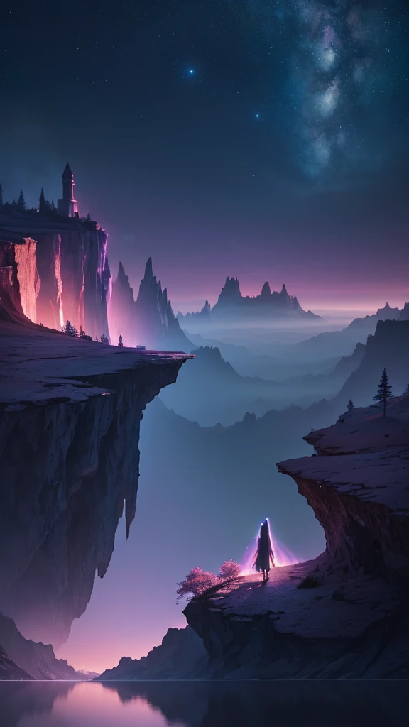 Photographs that capture the essence of a magical dream world. An epic cliff，Hanging over a beautiful lake, Surreal and vivid colors illuminate its reflection. The atmosphere is otherworldly, The soft night light casts a flowing shadow. The image creates a...