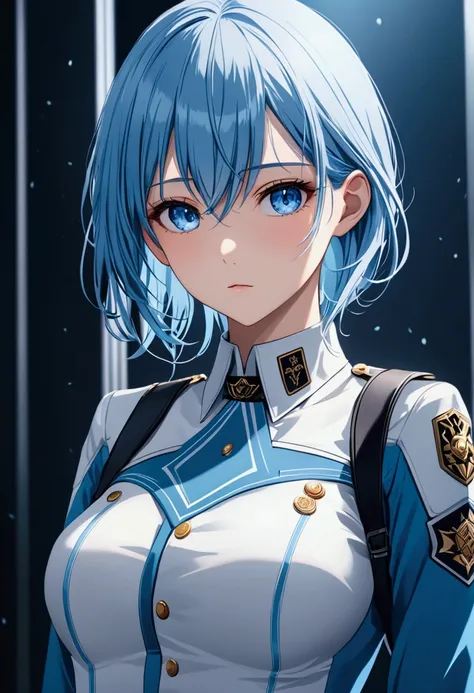 Eyes:icy blue.Hair:long icy blue. Body Type:slim and tall. Clothes:uniform. 8k, best quality, high resolution. 