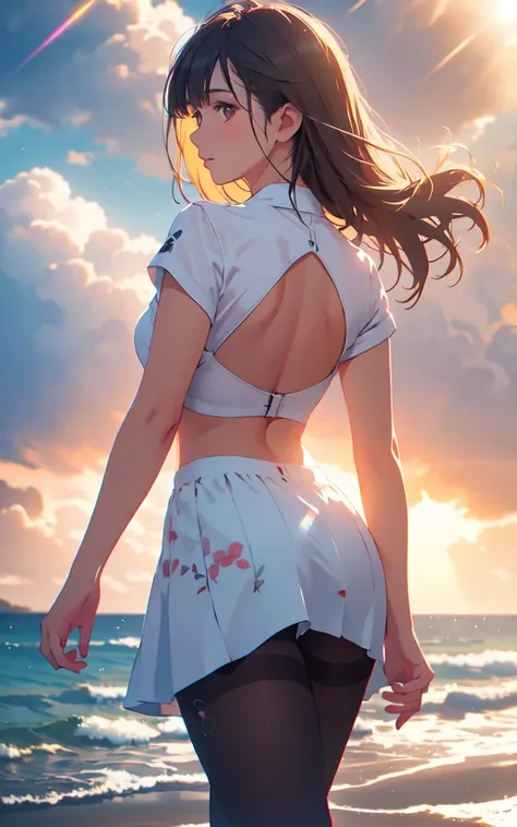 Beautiful summer outfit、Beautiful thighs、pantyhose、Walking on a stormy beach, Dark Clouds, (Cowboy Shot:1.4), Realistic, masterpiece, Highest quality, Backlight, (Lens flare:1.1), (bloom:1.1), (chromatic aberration:1.1)