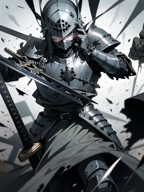 (Dark art), (hopeless art), dark anime medieval soldier, broken soldier, holey helmet, black wounds, crashed armor, closed clothing, broken sword, sword broken in half, ash, abandoned battlefield, highly detailed art, super violent, accident