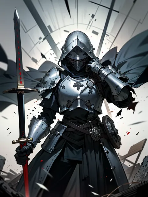 (Dark art), (hopeless art), dark anime medieval soldier, broken soldier, holey helmet, black wounds, crashed armor, closed clothing, broken sword, sword broken in half, ash, abandoned battlefield, highly detailed art, super violent, accident