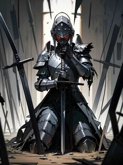 (Dark art), (hopeless art), dark anime medieval soldier, broken soldier, holy helmet, black wounds, crashed armor, closed clothing, broken sword, sword broken in half, ash, abandoned battlefield, highly detailed art, super violent, accident