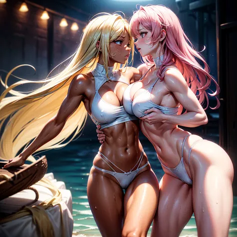 Two beautiful girls with healthy skin and obvious muscles, kissing and licking each other, saliva flowing from the corners of their mouths, staring eyes, exaggerated blond hair, sharp edges, provocative postures, and breasts touching each other.     Clothe...