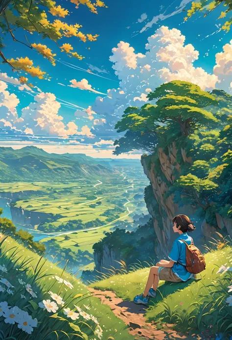 a boy sitting under a tree near a cliff in a meadow , seeing a vast blue sky with fluffy clouds and brush strokes , tall grasses stones, , makoto shinkai cyril rolando, anime art wallpaper 4k, anime art wallpaper 4k, animated background, anime art wallpape...