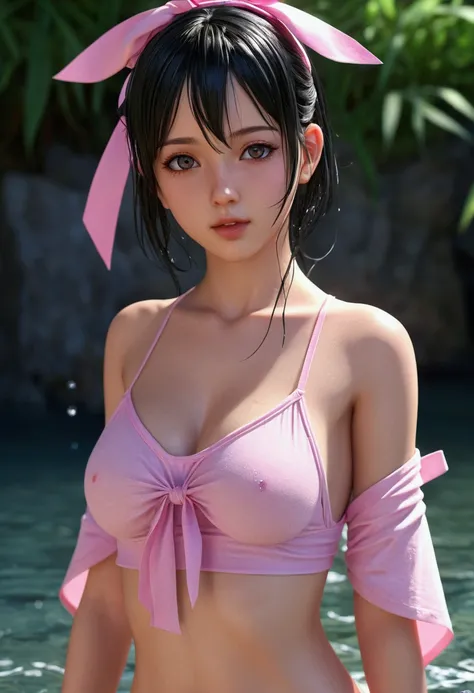  anime girl in pink wet clothes, Realistic Shadows, Detailed skin, Very small breasts, Black hair, Hair Ribbon, Very detailed, 8K highly detailed face, Perfect face shape, Perfect lips, Perfect nose, Correct beautiful eyes, Watching Viewer, masutepiece, Be...