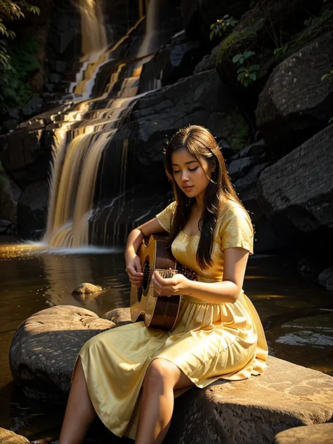 A beautiful young woman wearing a long skirt Thai dress from classical literature. Playing guitar on the rocks by the waterfall The scene was illuminated by a soft golden light. It creates a serene and enchanting atmosphere.