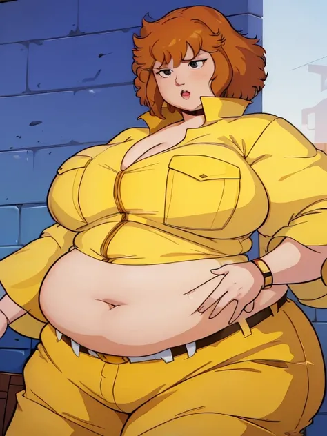 absurdres, april oneil, 1 fat girl, ssbbw, short brown hair, black eyes, upper body plus, yellow jumpsuit, sleeves rolled up, white belt, big belly