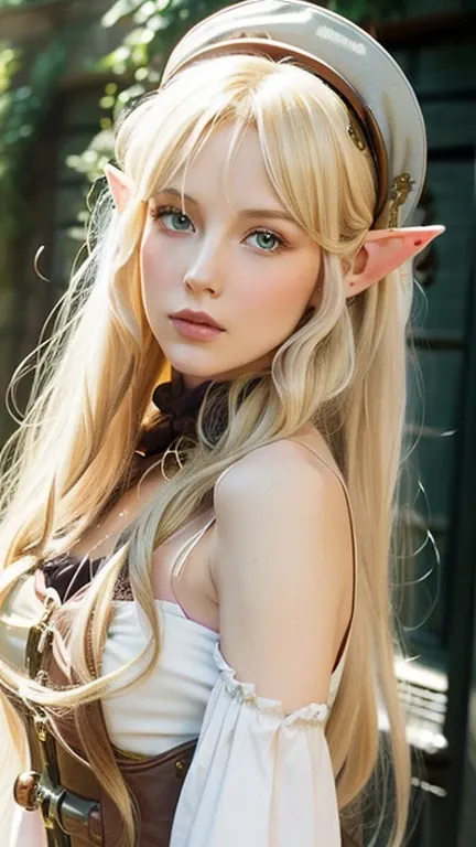 Shining blonde dancing in front of a pretty elf face、Long silky bangs over the eyes、skinny, slender, delicate elf woman. Bright pale white sky blue eyes、Very beautiful highlights of the eyes、Long blonde hair on face、Super long straight silky hair、Super lon...