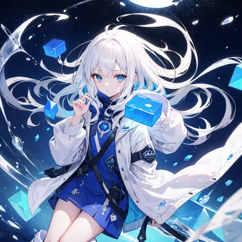 （masterpiece,Highest quality,Anime Style,atmosphere，More Information，CG rendering，Character portrait，Ray Tracing，Science，like，Divine sensation skylight)(Holographic Projection，White Hair，長いWhite Hair，Hair Straightening，Blue Eyes，white hooded jacket，I have ...