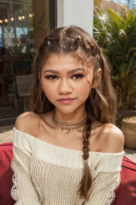 piercing eyes, looking straight, a 20 year old cute zendaya-3500, very happy,long braided hair, wearing an off-shoulder sweater, choker, closeup portrait, in a outdoor cafe in 2015, afternoon light