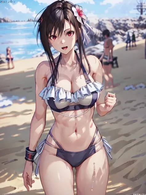 ((Best quality)), ((Masterpiece)), (detailed), masterpiece, best quality, 1girl, Tifa Lockhart, final fantasy, cowboy shot, tifa_sunshine, bikini, black hair, red eyes, sidelocks, swimsuit, frilled bikini, hair ornament, side-tie bikini bottom, bare should...