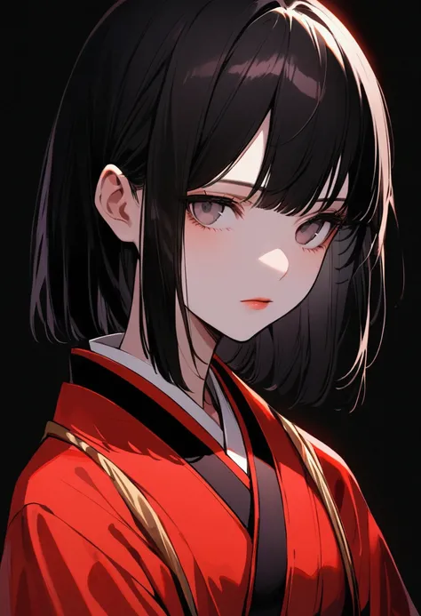 Japanese doll　Red kimono　Black hair okata　Dark Eyes　Expressionless　red little lips　Direct land immovable　Staring straight ahead　Black background