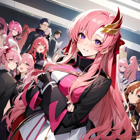 ((Highest quality)), ((masterpiece)), (detailed), （Perfect Face）、The woman is Lacus Clyne, a member of the Foundation and wife of Orpheus, King of the Accord, wearing the Black Knights Code uniform, an engagement ring, beautifully decorated accessories, an...