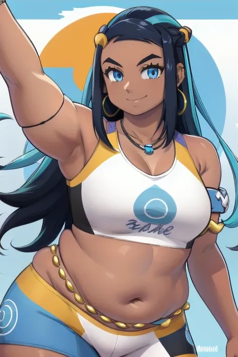 nessa_pokemon, 1fat girl, solo, dark skin, blue eyes, black hair, blue hair, two-tone hair, shorts, crop top, jewelry, necklace,...