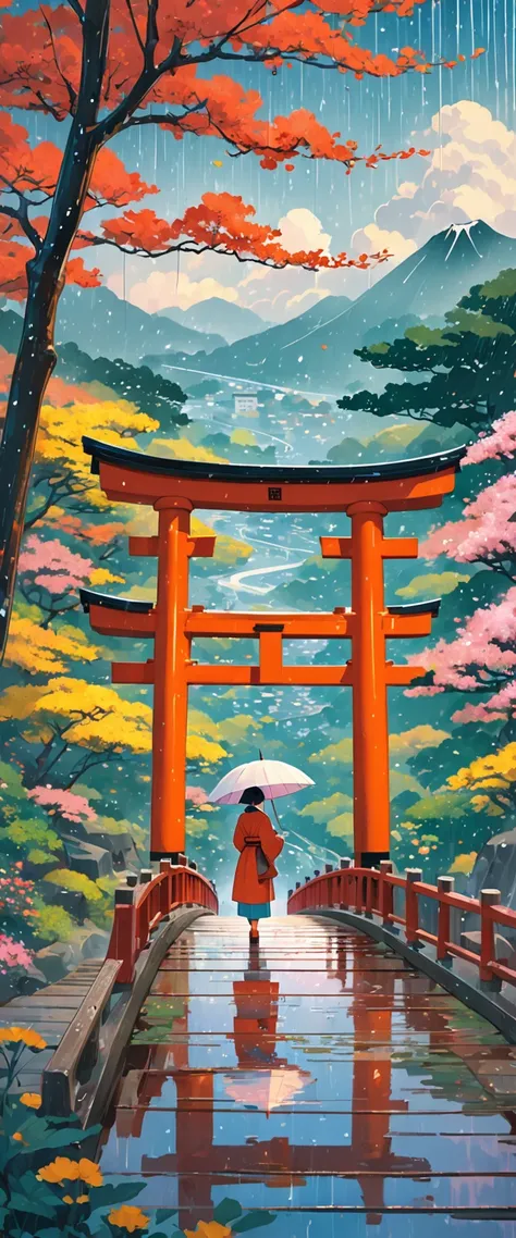 painting of a person standing on a bridge in the rain, Yun Ling, Tatsuro Kiuchi, por Shin Yun-bok, por John Wonnacott, blurry and dreamy illustration, By Torii Kiyomasu, painterly illustration, Japanese art on Behance, blurred and dreamy illustration, tom ...