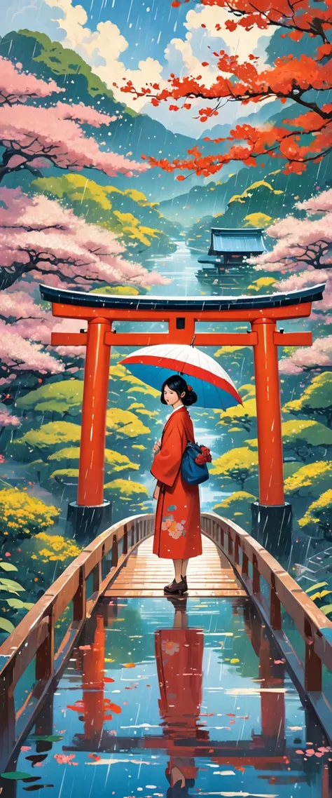 painting of a person standing on a bridge in the rain, Yun Ling, Tatsuro Kiuchi, por Shin Yun-bok, por John Wonnacott, blurry and dreamy illustration, By Torii Kiyomasu, painterly illustration, Japanese art on Behance, blurred and dreamy illustration, tom ...