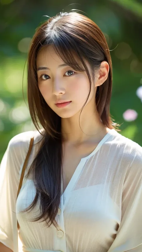 Japanese women、Clothes that do not expose skin、summer、Close-up of face and chest、Medium Hair