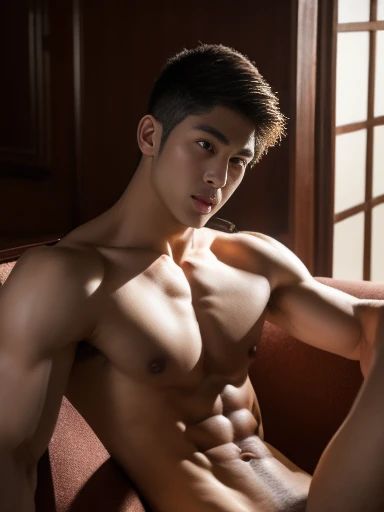 Chinese male actor naked, handsome Chinese guy, handsome man, Take the whole body, Big penis, beautiful photography, Portrait, studio lighting, Look at the camera, Detailed parts of the face, Manly, charming, Active Boy, sitting on the sofa, open legs, An ...