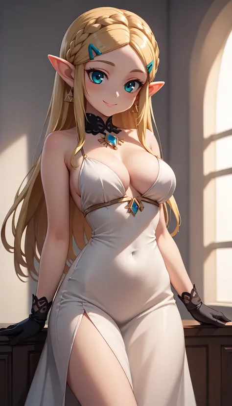 High resolution, Very detailed, perfect lighting, beautiful detailed eyes,   ((masterpiece,Best Quality)), absurdities, alone,     princess zelda, by the width, crown braid, Hair clip, pointy ears, Elegant navy blue shiny slim fit evening dress, Gloves wit...