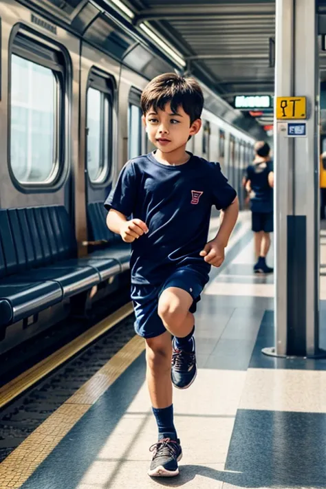 Small boy running in train station