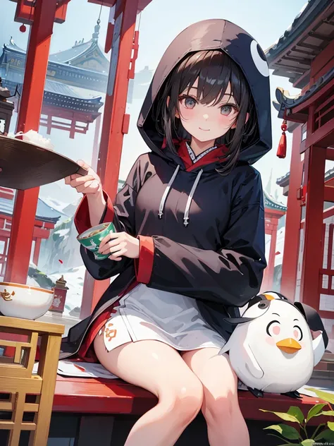 Penguin in the shape of a girl, with a penguin-shaped hood, in ancient Chinese clothing sitting in front of a temple smiling with a cup of tea in her hands