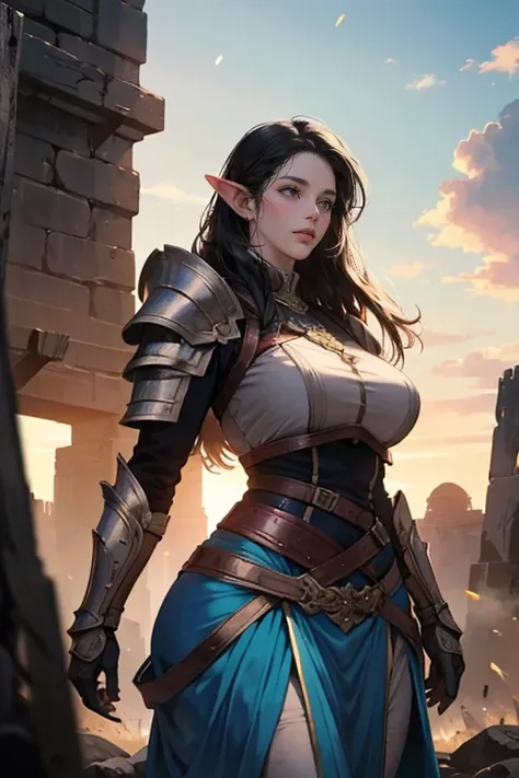 a beautiful elf, long black hair, sky blue eyes, thin lips, round face, huge breasts, wide hips, elven battle armor, ready to fi...