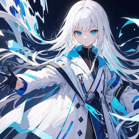 （masterpiece,Highest quality,Anime Style，Ray Tracing，)(Holographic Projection，White Hair，長いWhite Hair，Hair Straightening，Blue Eyes，blue and white trench coat，Futuristic design，Clothing of the future，Solo，Futuristic background，Cowboy Shot