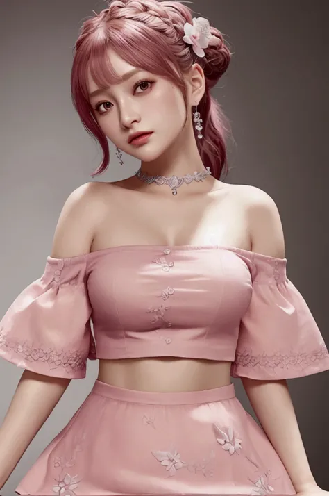 ((Extreme detail)),(Super detailed), Extremely detailed CG unified 8K wallpaper,best quality, masterpiece, emilie_t8, Off-shoulder,  Short pink top,