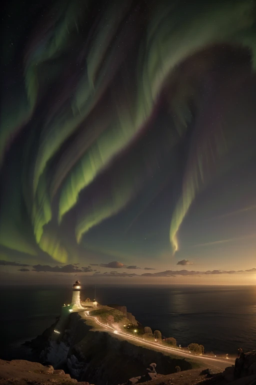 A lighthouse with a bright aurora light above it on a cliff, Max Rive, fantasy art by Jessica Rossier, Marc Adamus, Lt. Alexander Kucharsky, beautiful digital artwork, magical colors and atmosphere, amazing wallpaper, beautiful wallpaper, magnificent backg...