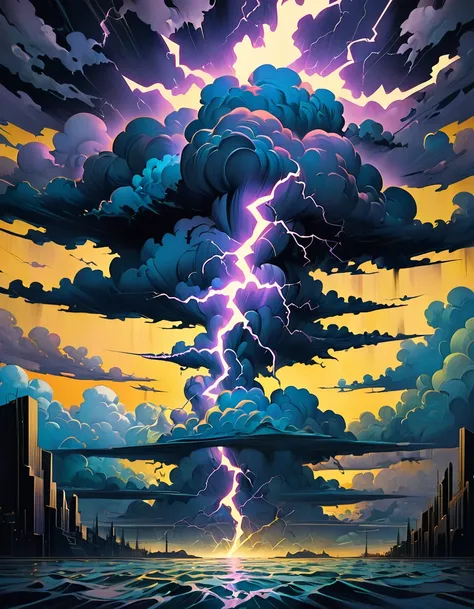 art painting art deco lightning bolt in dark clouds surreal