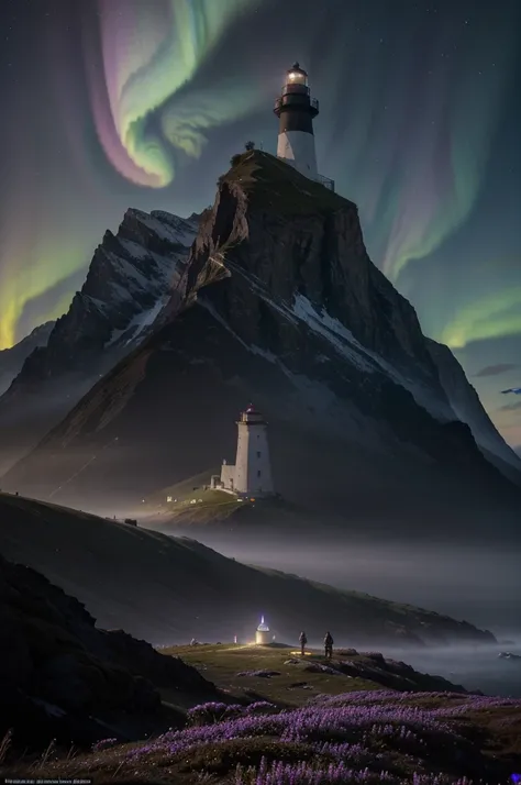 A lighthouse with a bright blue and purple aurora light above it on a cliff, Max Rive, fantasy art by Jessica Rossier, Marc Adamus, Lt. Alexander Kucharsky, beautiful digital artwork, magical colors and atmosphere, amazing wallpaper, beautiful wallpaper, m...