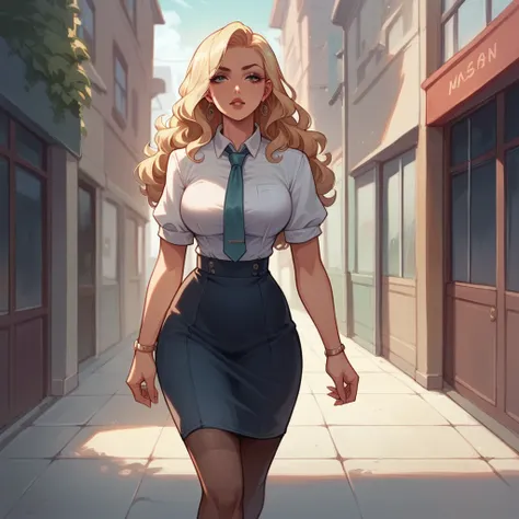 Beautiful woman 25 years old, not very high, long curly light blonde hair, Thin waist, big tits, well-shaped and large hips. She wears a secretary uniform with a tie, is walking down the street