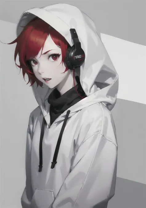 Make a girl with short red hair, white skin with black eyes, pointy teeth wearing a white hoodie and using his black headphones.