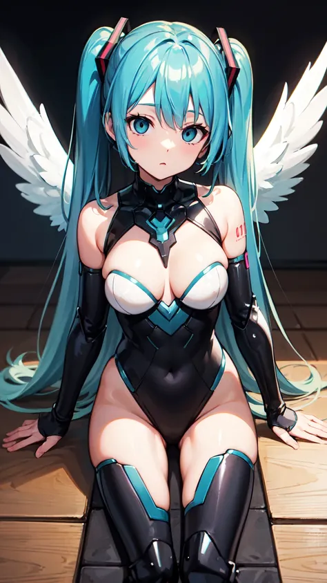 (Princess Knight), hatsune miku, ((wearing armor)), Angel wings, cyberpunk, noise removal, illustration, neon lights on the, Tabletop、Exquisite design、Visual Arts、Concept Artist、Five Fingers, Perfect body, {{{masterpiece}}}, {{{Highest quality}}}, {{Very d...