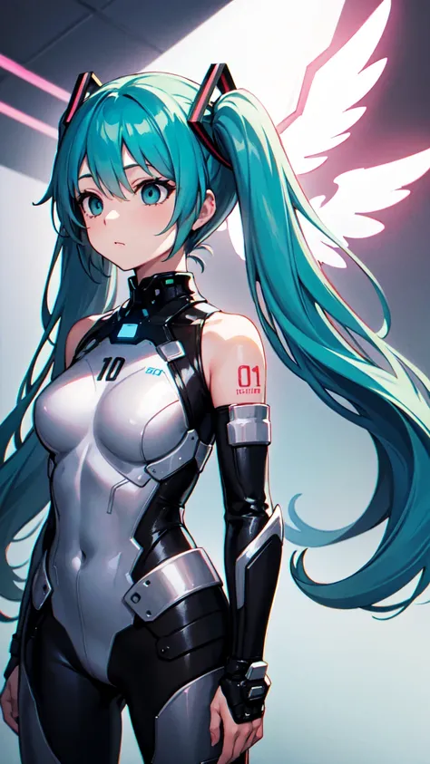 (Princess Knight), hatsune miku, ((wearing armor)), Angel wings, cyberpunk, noise removal, illustration, neon lights on the, Tabletop、Exquisite design、Visual Arts、Concept Artist、Five Fingers, Perfect body, {{{masterpiece}}}, {{{Highest quality}}}, {{Very d...