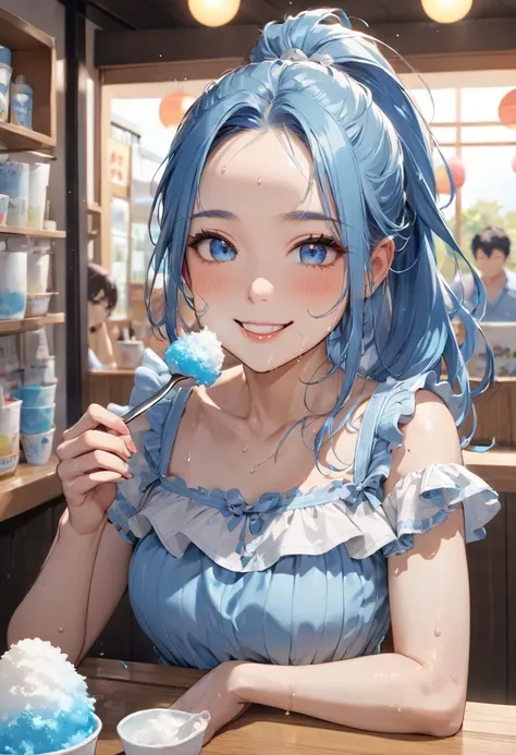 (sweaty skin style), (solo:2, 15 yo), (beautiful forehead and ponytail), (beautiful detailed blue hair, long hair) (best lovely girl, cool beautiful blue eyes, glossy lip, , best happy smile:1.1), in a Layered frills cute blue one piece dress), break, in t...