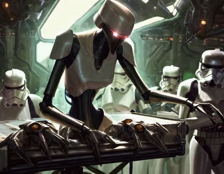 (star wars) A nurse droid (vaguely female, very human face, lots of spindly metal tool arms) is at a medical table stitching pieces of storm troopers together to make new stormtroopers