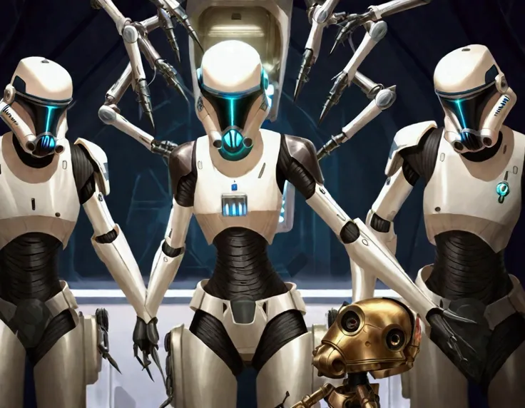 (star wars) A nurse droid (vaguely female, very human face, lots of spindly metal tool arms) is at a medical table stitching pieces of storm troopers together to make new stormtroopers