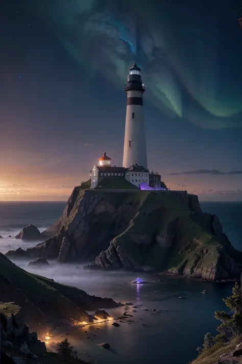 A lighthouse with a bright blue and purple aurora light above it on a cliff, Max Rive, fantasy art by Jessica Rossier, Marc Adamus, Lt. Alexander Kucharsky, beautiful digital artwork, magical colors and atmosphere, amazing wallpaper, beautiful wallpaper, m...