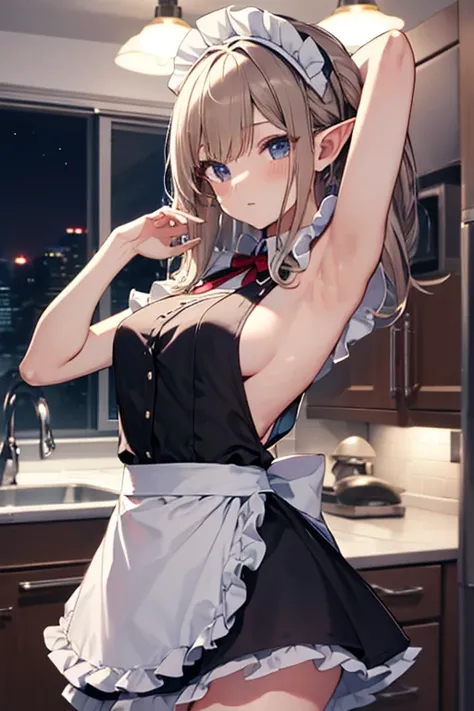 A maid, (in kitchen), various hair styles, night, details face, short skirt, seducing, sleeveless, maid uniform, armpits, elf