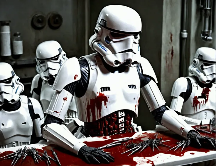 (star wars) A nurse droid (vaguely female, very human face, lots of spindly metal tool arms) is at a medical table stitching pieces of storm troopers together to make new stormtroopers. Heaps of storm trooper pieces lay in bloody piles near the table. Horr...